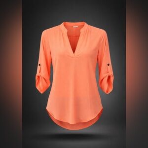 Lush Neon Orange Sheer Chiffon Blouse V Neck Roll Tab Sleeve Pullover Top S